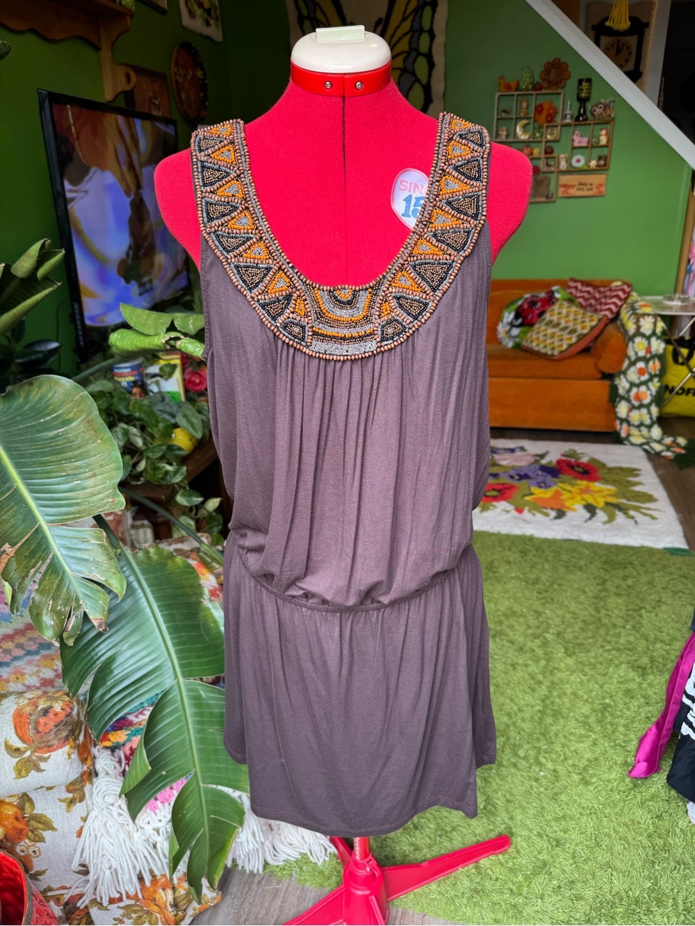 Smart Set Brown Beaded Neckline Mini Dress